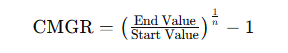 CMGR formula: ending value divided by beginning value, to the power of 1 over the number of months, minus 1
